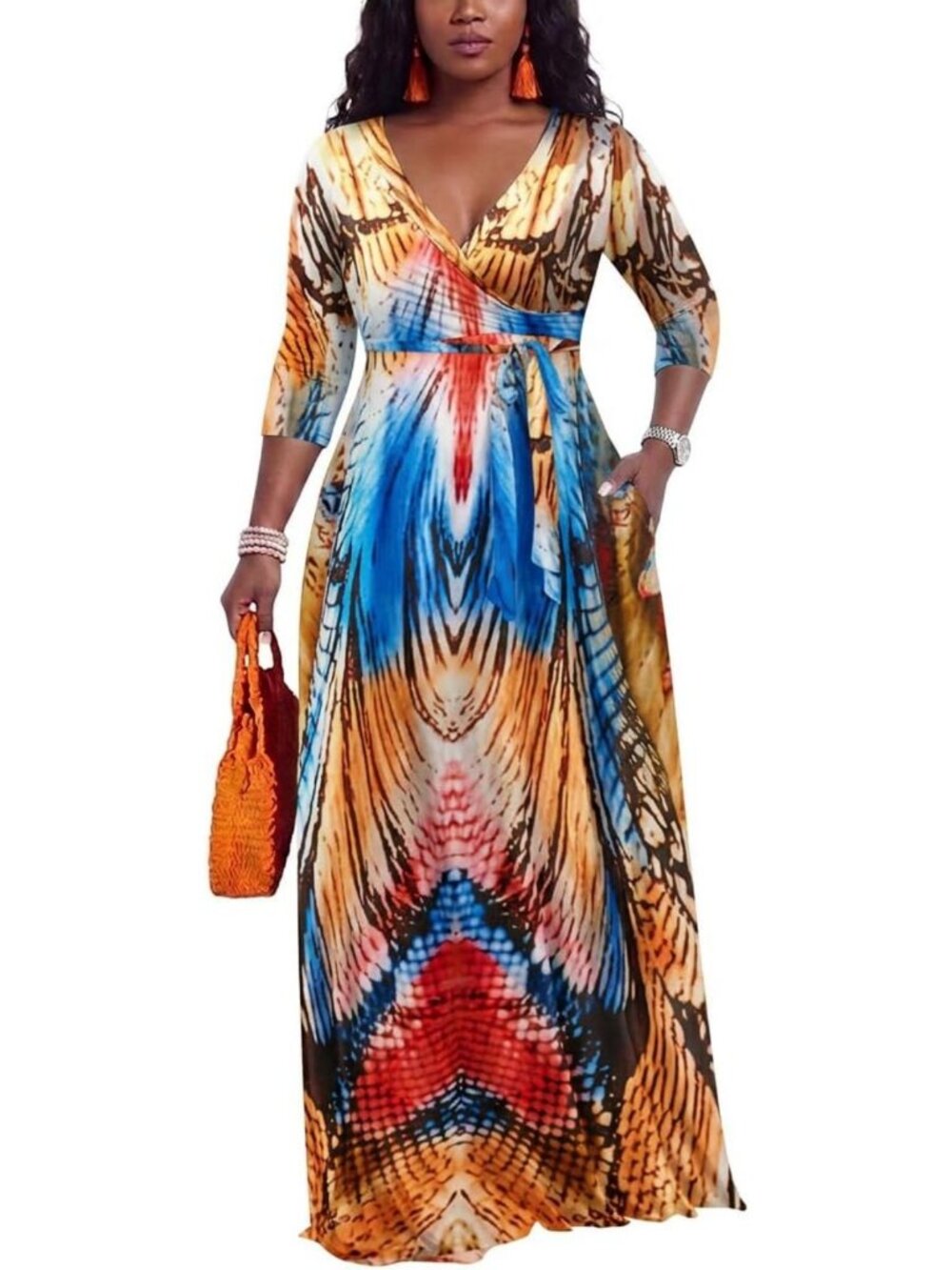 Casual Tie Dye Print Maxi Dress for Women - 3/4 Sleeve V Neck, Flowy & Belted